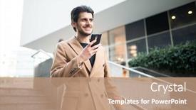  Presentation with city - Colorful presentation theme enhanced with young-man-using-his-cellphone backdrop and a coral colored foreground