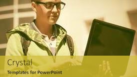  Presentation with green city - Amazing presentation design having young man using laptop walking in city street stylish teenage model in light green hoodie and eyeglases backdrop and a yellow colored foreground