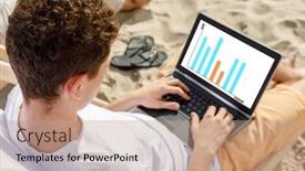  Presentation with laptop - Colorful PPT theme enhanced with young-man-using-laptop backdrop and a coral colored foreground