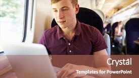  Presentation with journey - Cool new presentation with young man using laptop on train journey backdrop and a coral colored foreground