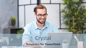  Presentation with laptop - Beautiful theme featuring young-man-using-laptop backdrop and a light blue colored foreground
