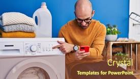  Presentation with laundry room - PPT theme consisting of young-man-using-smartphone-turning background and a tawny brown colored foreground