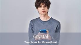  Presentation with simple - PPT layouts featuring young-man-using-smartphone-typing background and a gray colored foreground