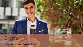  Presentation with smartphone - Presentation theme enhanced with young-man-using-smartphone-wearing and a coral colored foreground