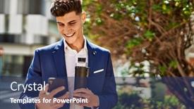  Presentation with smartphone - PPT layouts having young-man-using-smartphone-wearing and a ocean colored foreground