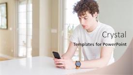  Presentation with smart home - Cool new slide deck with young man using smartphone at home with a confident expression on smart face thinking serious backdrop and a soft green colored foreground