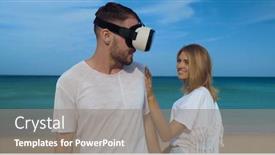  Presentation with virtual reality meeting - Presentation theme consisting of woman on the tropical beach background and a gray colored foreground