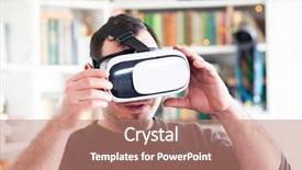  Presentation with virtual reality - Cool new PPT theme with young man using virtual reality backdrop and a coral colored foreground