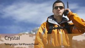  Presentation with walkie talkie - Presentation theme enhanced with young man using walkie talkie background and a gold colored foreground