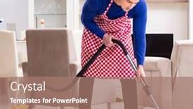  Presentation with welcome to apartment - Audience pleasing PPT layouts consisting of young man vacuum cleaning his apartment backdrop and a coral colored foreground