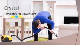  Presentation with apartment - Presentation consisting of young-man-vacuum-cleaning background and a sky blue colored foreground