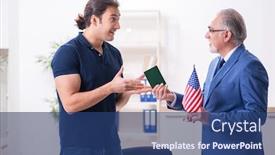  Presentation with embassy - Presentation theme with young-man-visiting-embassy background and a ocean colored foreground