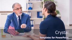  Presentation with embassy - Amazing PPT theme having young-man-visiting-embassy backdrop and a navy blue colored foreground