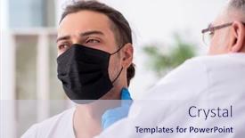  Presentation with doctor visiting family a new born - PPT theme consisting of young-man-visiting-experienced-doctor background and a sky blue colored foreground