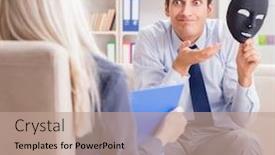  Presentation with psychiatrist - Cool new PPT layouts with young man visiting psychiatrist doctor for consultation backdrop and a coral colored foreground