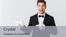  Presentation with waiter - Colorful PPT theme enhanced with handsome young man waiter backdrop and a light gray colored foreground