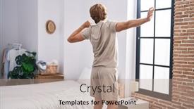  Presentation with stretching - Presentation design having young-man-waking-up-stretching background and a coral colored foreground