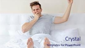  Presentation with bed - Slide deck with young man waking up in bed and stretching his arms background and a sky blue colored foreground
