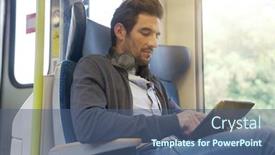  Presentation with movie - Colorful presentation theme enhanced with displaced people - young man watching a movie backdrop and a ocean colored foreground