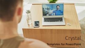  Presentation with stream - Beautiful PPT layouts featuring young-man-watching-live-stream backdrop and a coral colored foreground