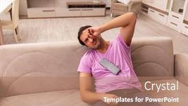  Presentation with home - Beautiful PPT layouts featuring young-man-watching-tv backdrop and a coral colored foreground