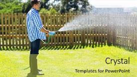  Presentation with young - Colorful slide set enhanced with young man watering backyard lawn backdrop and a yellow colored foreground