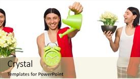  Presentation with white flowers - Beautiful slides featuring start early - young man watering flowers isolated backdrop and a  colored foreground