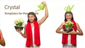  Presentation with white flowers - Colorful presentation theme enhanced with start early - young man watering flowers isolated backdrop and a cream colored foreground