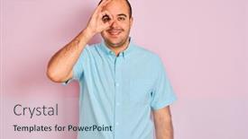  Presentation with blue pink - Audience pleasing PPT layouts consisting of young man wearing blue casual shirt standing over isolated pink background doing ok gesture with hand smiling eye looking through fingers with happy face backdrop and a light blue colored foreground