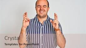  Presentation with blue eyes - Presentation theme with young man wearing blue striped shirt standing over isolated white background gesturing finger crossed smiling with hope and eyes closed luck and superstitious concept background and a coral colored foreground