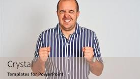  Presentation with blue eyes - Presentation design having young man wearing blue striped shirt standing over isolated white background excited for success with arms raised and eyes closed celebrating victory smiling winner concept background and a mint green colored foreground