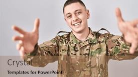  Presentation with hug - Presentation theme featuring young-man-wearing-camouflage-army background and a coral colored foreground