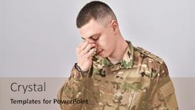  Presentation with army stress - Presentation design having young-man-wearing-camouflage-army background and a coral colored foreground