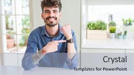  Presentation with upset - Amazing PPT theme having young man wearing casual shirt backdrop and a  colored foreground