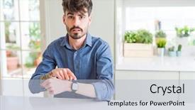  Presentation with upset - Slide set consisting of young man wearing casual shirt background and a light blue colored foreground