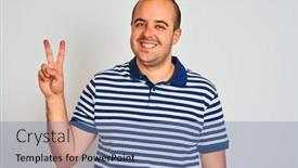  Presentation with polo - Beautiful PPT theme featuring young man wearing casual striped polo standing over isolated white background smiling looking to the camera showing fingers doing victory sign number two backdrop and a seafoam green colored foreground