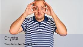  Presentation with polo - Slide deck enhanced with young man wearing casual striped polo standing over isolated white background trying to open eyes with fingers sleepy and tired for morning fatigue background and a teal colored foreground