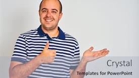  Presentation with hand palm - Presentation theme featuring young-man-wearing-casual-striped background and a light blue colored foreground
