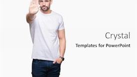  Presentation with sing - Amazing PPT theme having young man wearing casual white t-shirt over isolated background doing stop sing with palm of the hand warning expression with negative and serious gesture on the face backdrop and a white colored foreground