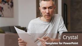  Presentation with home documents - Beautiful PPT theme featuring young-man-wearing-earphones-trying backdrop and a violet colored foreground