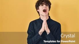 Presentation with praying hands - Presentation theme enhanced with young-man-wearing-glasses-over background and a wine colored foreground