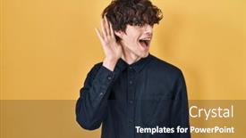  Presentation with hearing - Presentation theme consisting of young-man-wearing-glasses-over background and a wine colored foreground