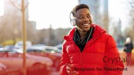  Presentation with music headphones - Slide deck having young-man-wearing-headphones background and a crimson colored foreground