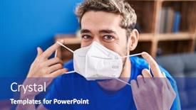  Presentation with mask - PPT theme enhanced with young-man-wearing-medical-mask background and a navy blue colored foreground