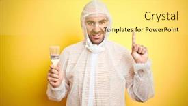  Presentation with equipment - Audience pleasing presentation consisting of young man wearing painter equipment and holding painting brush over isolated yellow background surprised with an idea or question pointing finger with happy face number one backdrop and a yellow colored foreground