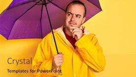  Presentation with question - Cool new presentation with young-man-wearing-raincoat-holding backdrop and a gold colored foreground
