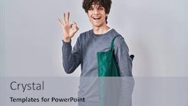  Presentation with reusable - PPT theme consisting of young-man-wearing-reusable-bag background and a light gray colored foreground