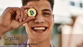  Presentation with bitcoin - Slides having young-man-wearing-suit-holding background and a coral colored foreground