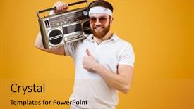  Presentation with tape recorder - Audience pleasing slide deck consisting of young man wearing sunglasses hold backdrop and a gold colored foreground