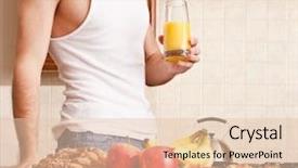  Presentation with tank - Presentation theme with young man wearing tank top and jeans in kitchen holding a glass of orange juice horizontal shot background and a lemonade colored foreground
